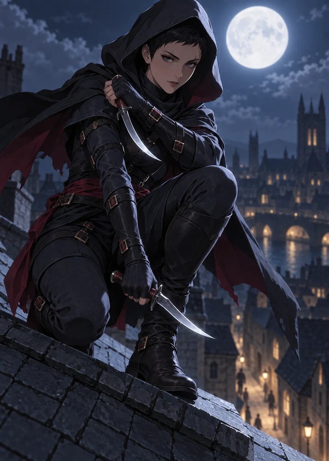 Vess, the Quiet Knife, a hooded assassin crouched on a rooftop under the moon
