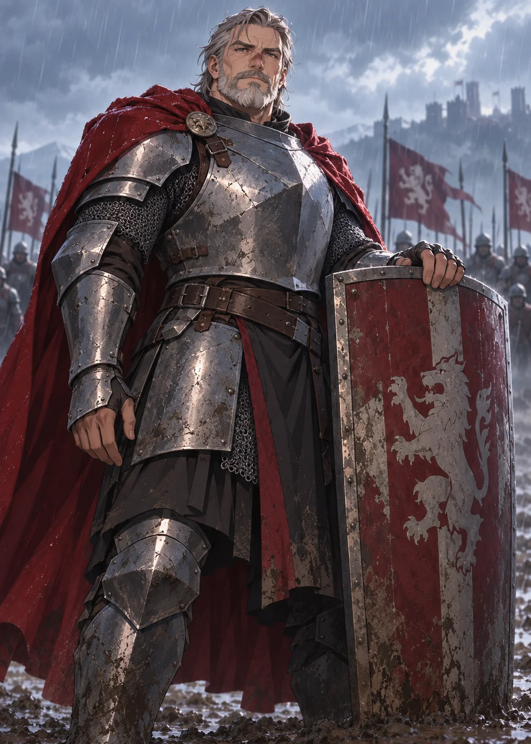 Brannoc Ironvow, a grey-bearded knight in plate armour resting on a tall red shield