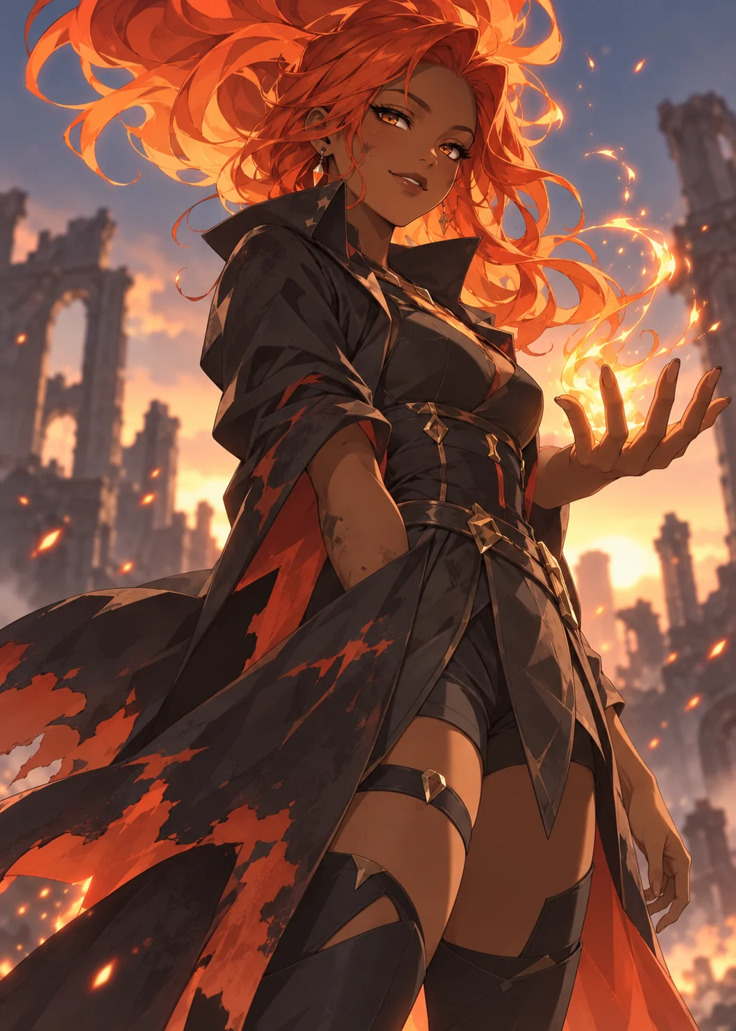 Kestra Ashling, a flame-haired mage holding fire in her hand above a ruined city