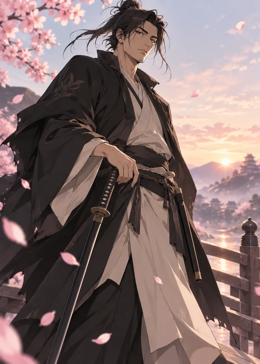 Kaito, the Second Blade, a robed swordsman under cherry blossoms at sunset