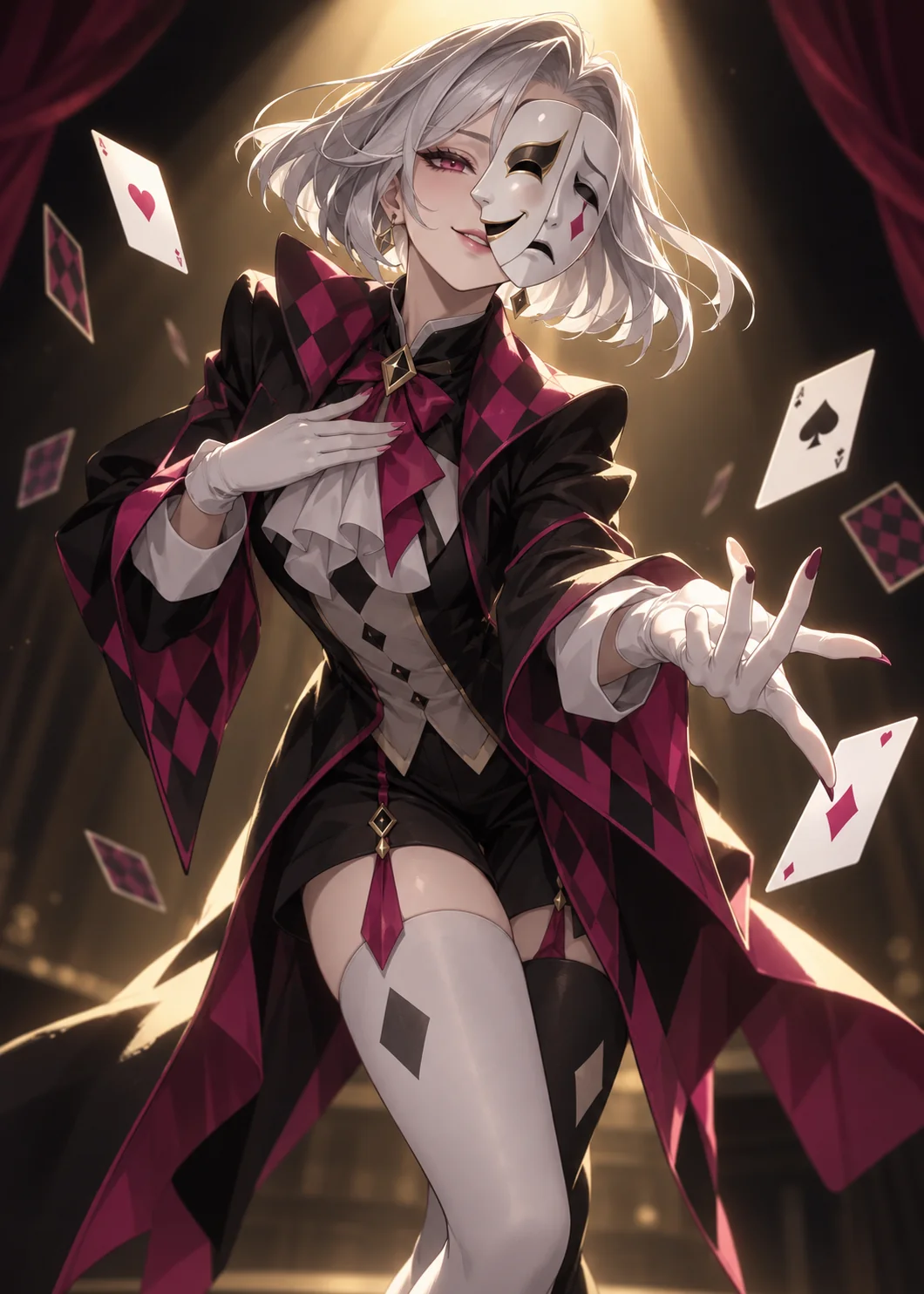 Mirelle, the Many-Faced, a white-haired trickster holding a half mask among flying playing cards