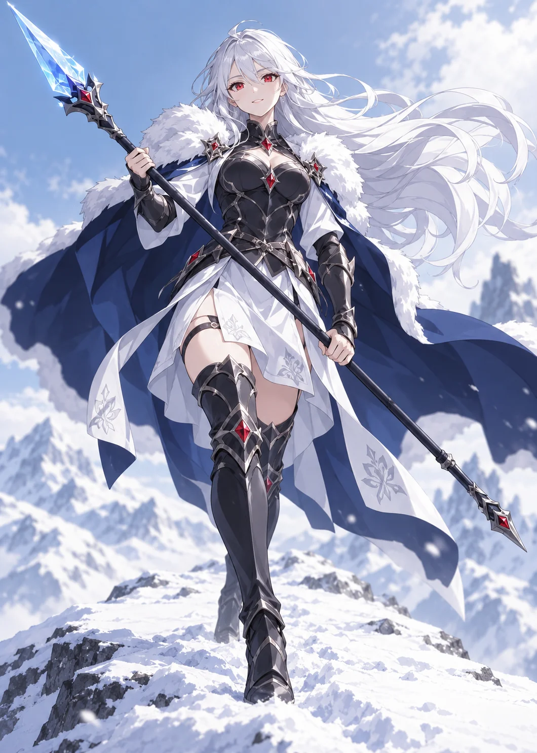 Yuki, the Winter Lance, a silver-haired spear-maiden on a snowy peak
