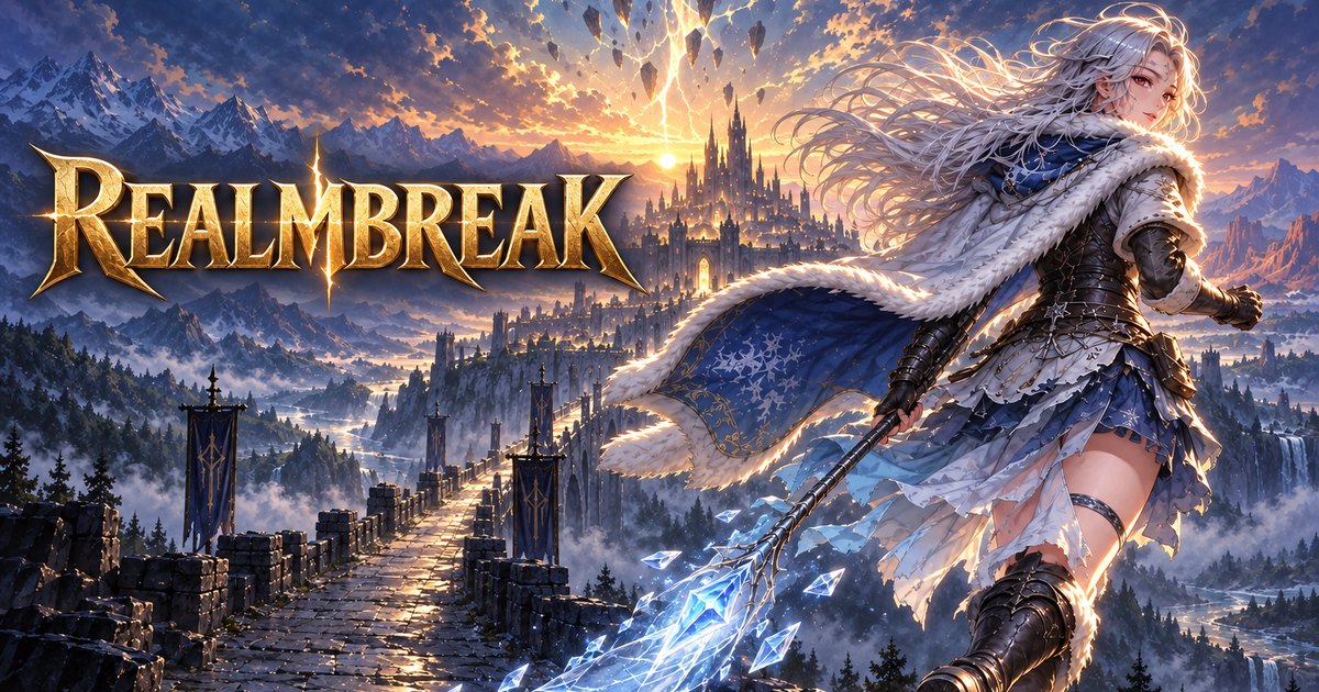 The Realmbreak logo beside a silver-haired ice spear-maiden and a spired citadel at dusk